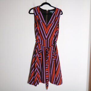 Modcloth Linen Blend Retro Striped Dress Womens XL Fit Flare Tie Waist V Neck